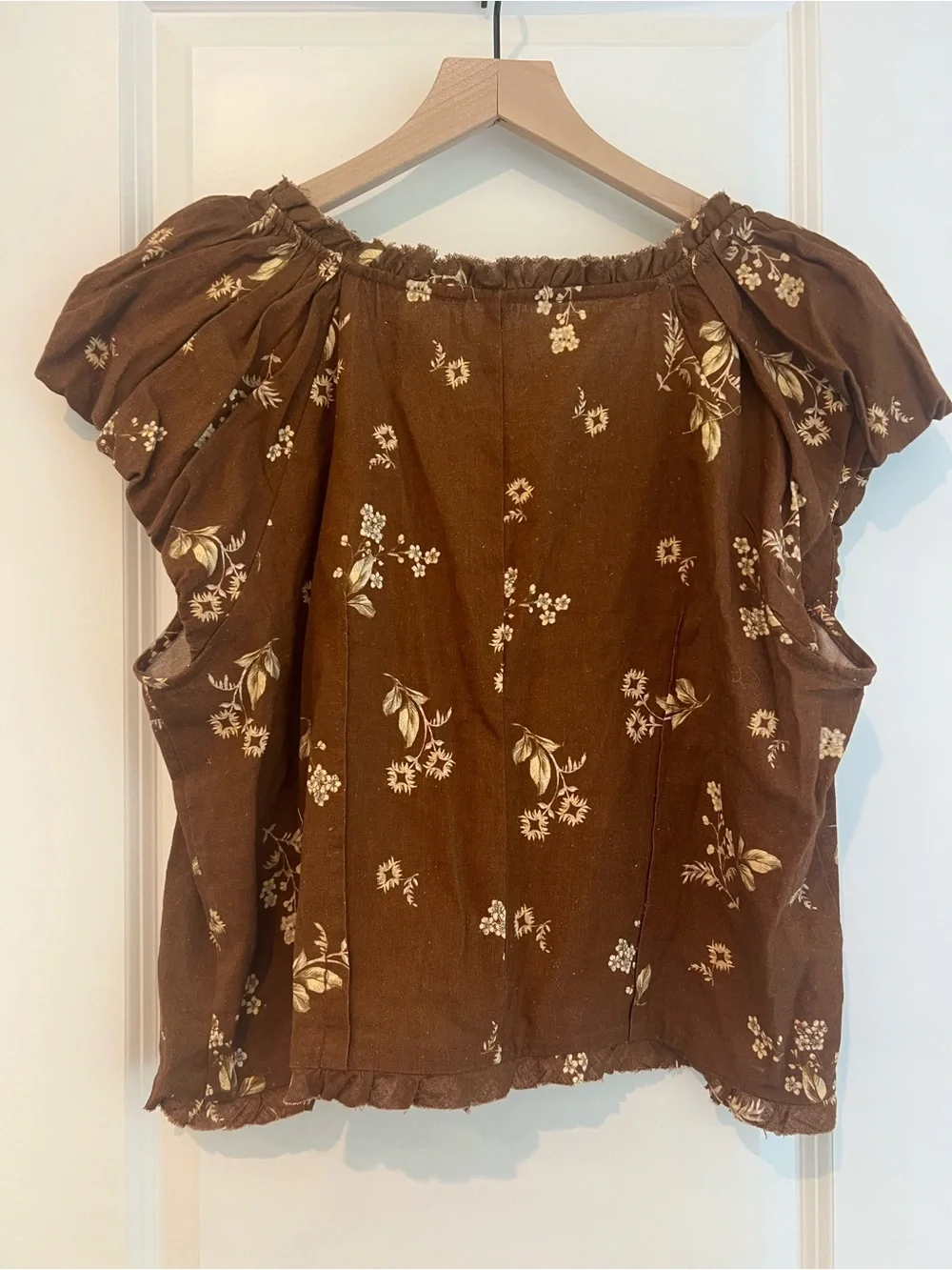 Anthropologie Brown Floral Tie-Front Peasant Blouse